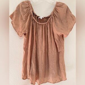Embroidered Peach-Pink Peasant Blouse with Scoop Neck